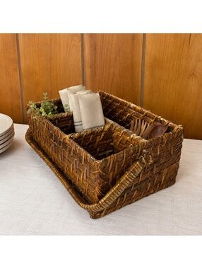 Vintage Woven Wicker Organizer Basket Divided Storage Caddy Rustic Boho Decor